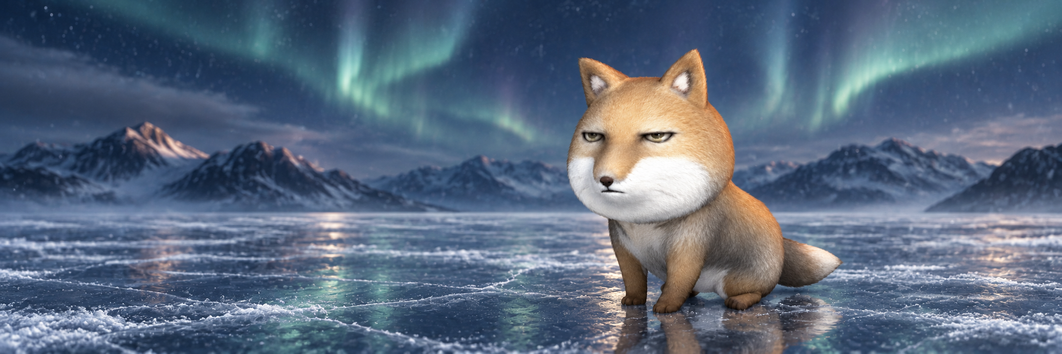 Grumpy Fox beneath a green aurora over a frozen lake