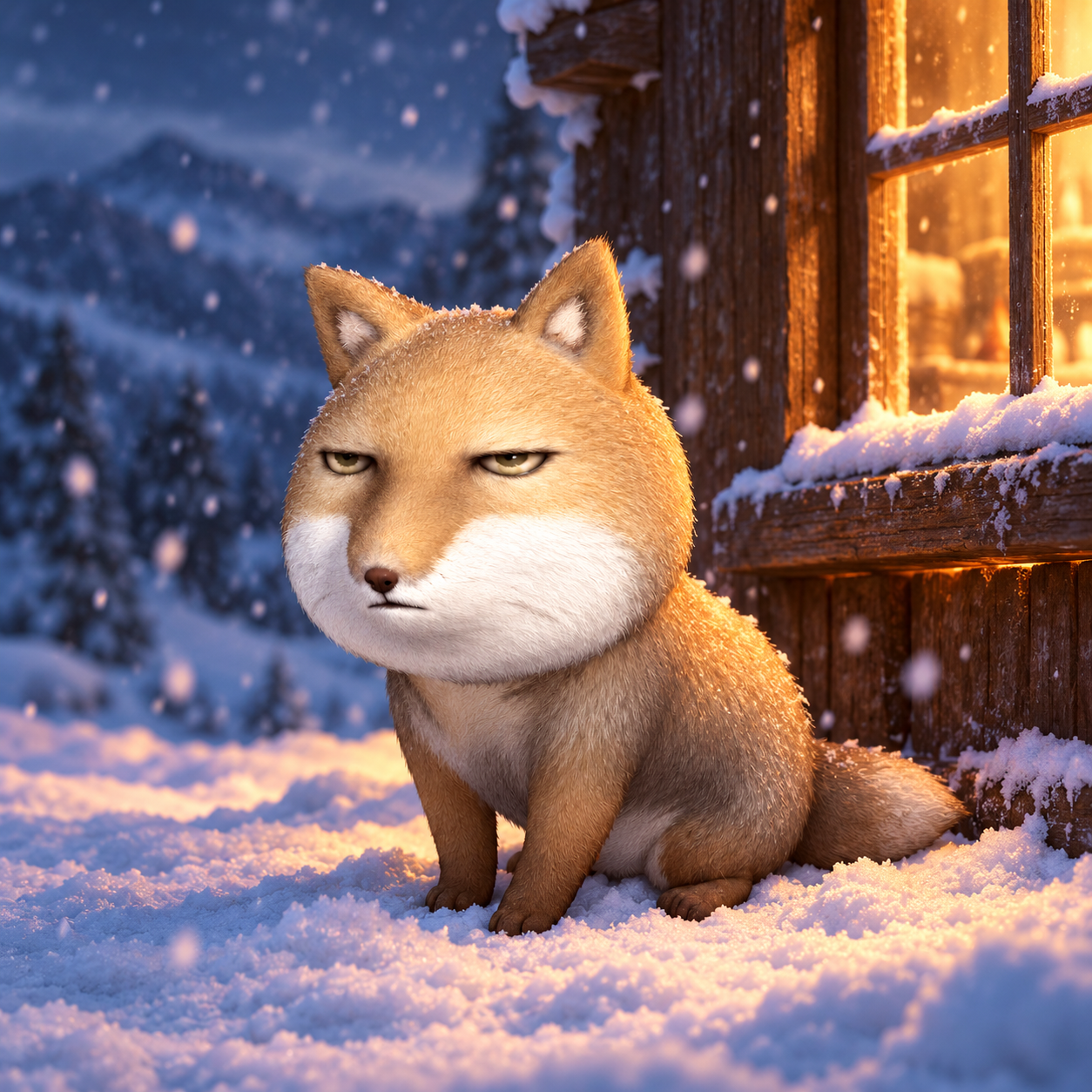 Grumpy Fox sitting beside a glowing cabin window in winter