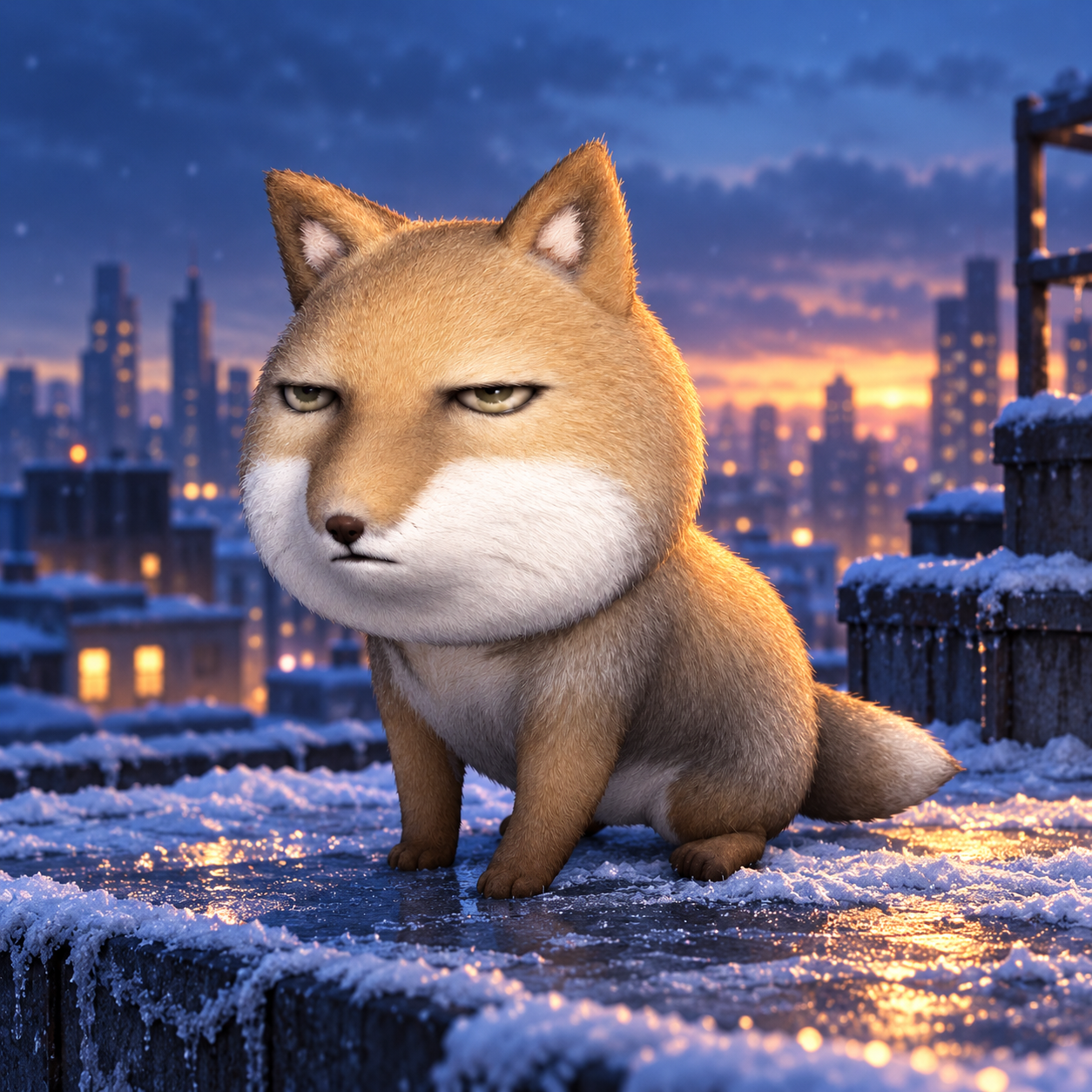 Grumpy Fox on a snow-covered rooftop at blue hour