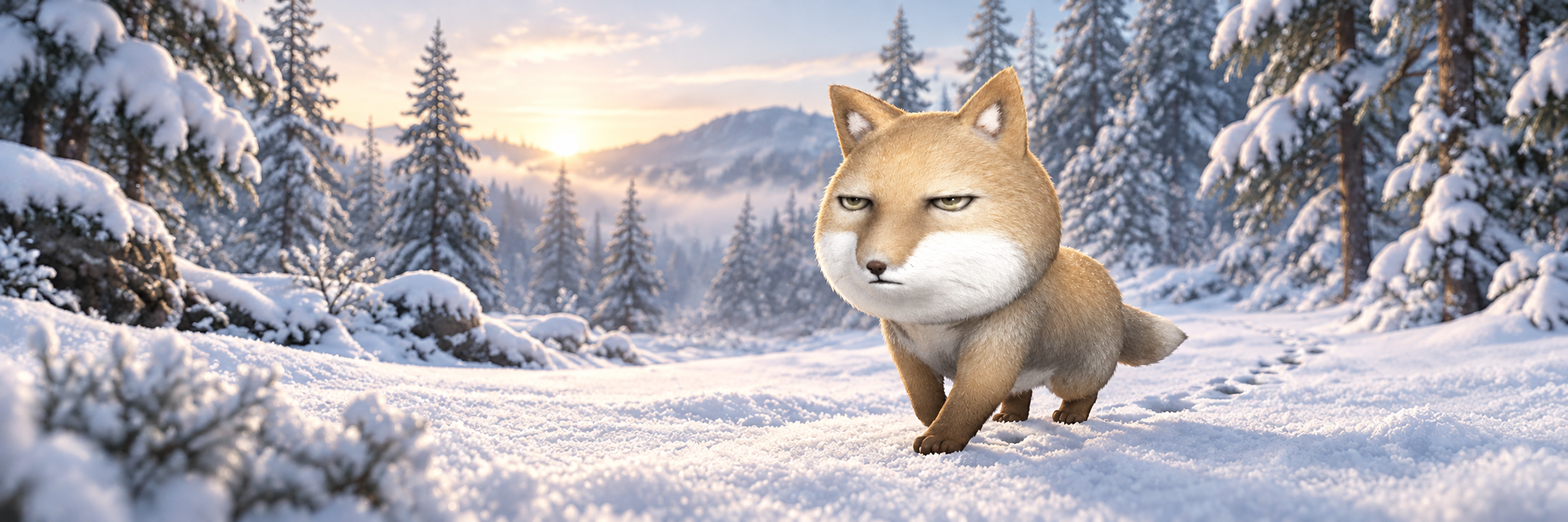 Grumpy Fox walking through a snowy pine forest