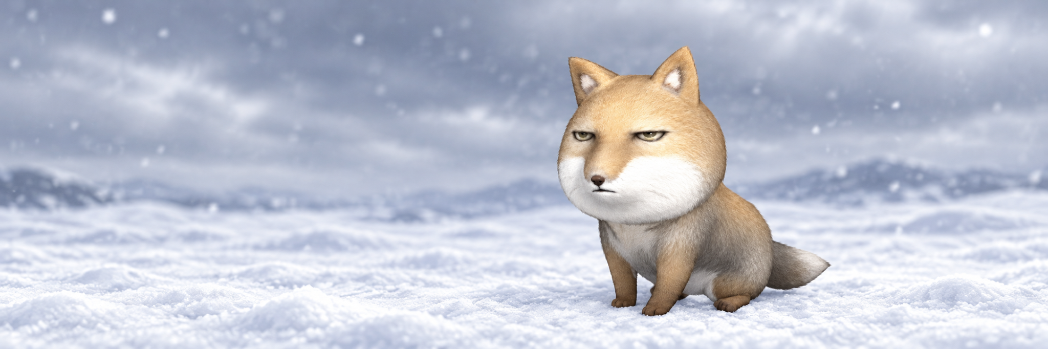 Grumpy Fox sitting in a wide, snowy winter landscape