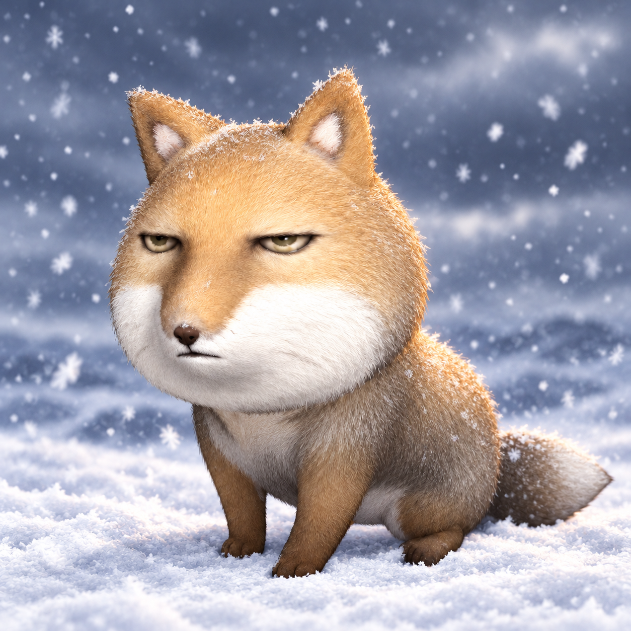 Close-up portrait of Grumpy Fox in falling snow